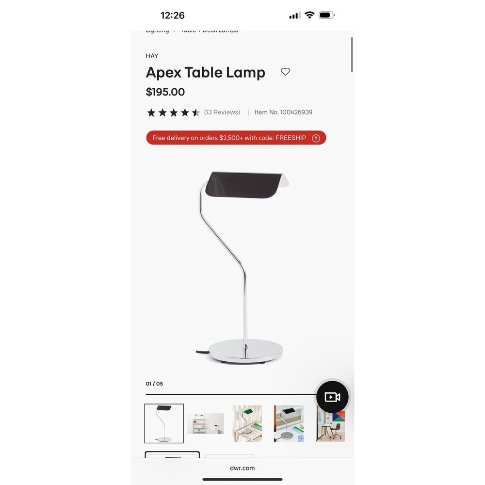 HAY Apex Table Lamp Black Shade Chrome Finish Corded Switch Design Within Reach